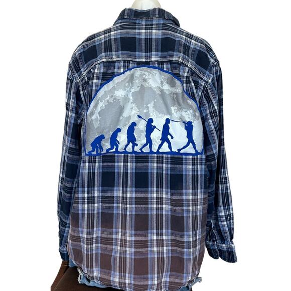 Evolution of a Baseball Player Plaid Flannel Shirt XXL Oversize Shacket Unique - Picture 1 of 6